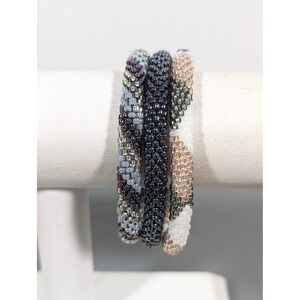 White Gray Glass Seed Bead Roll On Stacking Bracelets Set of 3 Boho 6.5"